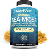 Nutrivein Organic Sea Moss 1600mg Plus Bladderwrack & Burdock - 120 Capsules - Prebiotic Super Food Boosts The Immune System & Digestive Health - Thyroid, Healthy Skin, Keto Detox, Gut, Joint Support