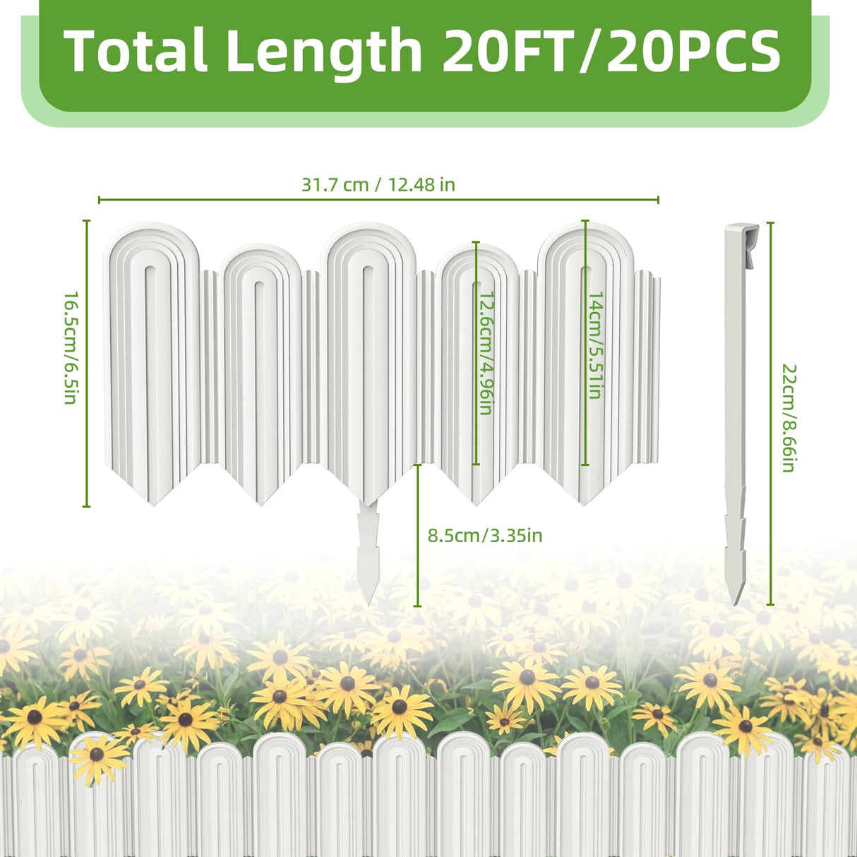 Vashly 20Pcs 20Ft Landscape Edging,6.5 Inch Garden Border with 20 Stakes