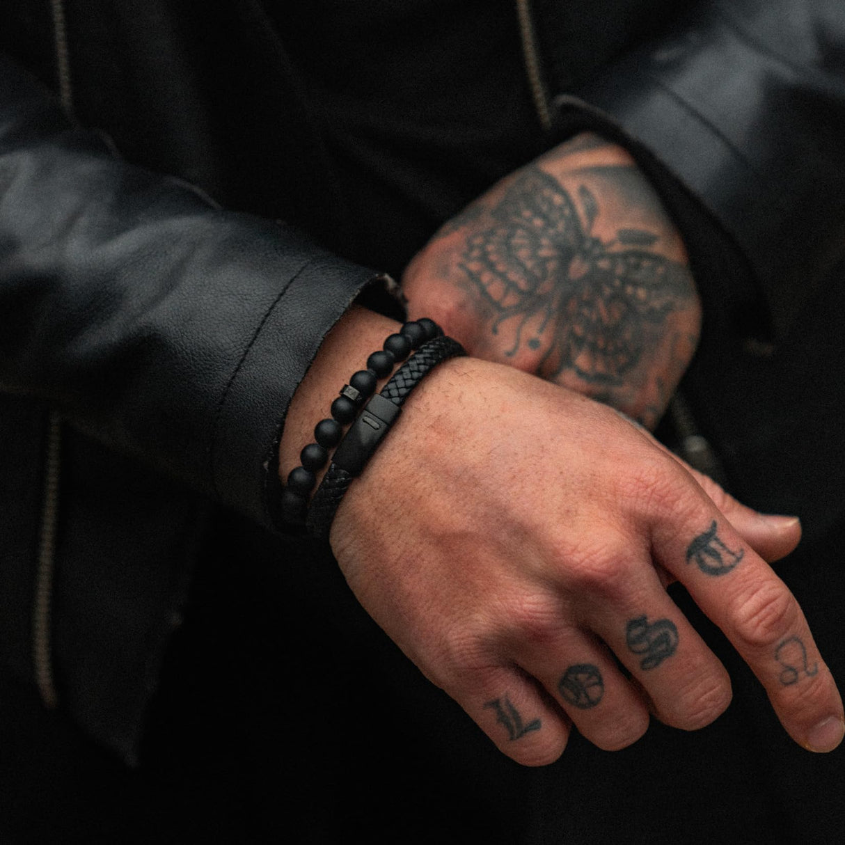 LUXAR Men’s Black Onyx Stone Bead Bracelets | Matte Black 8mm Stone | Minimalist, Designer Jewelry for Men (Black Leather, Medium)