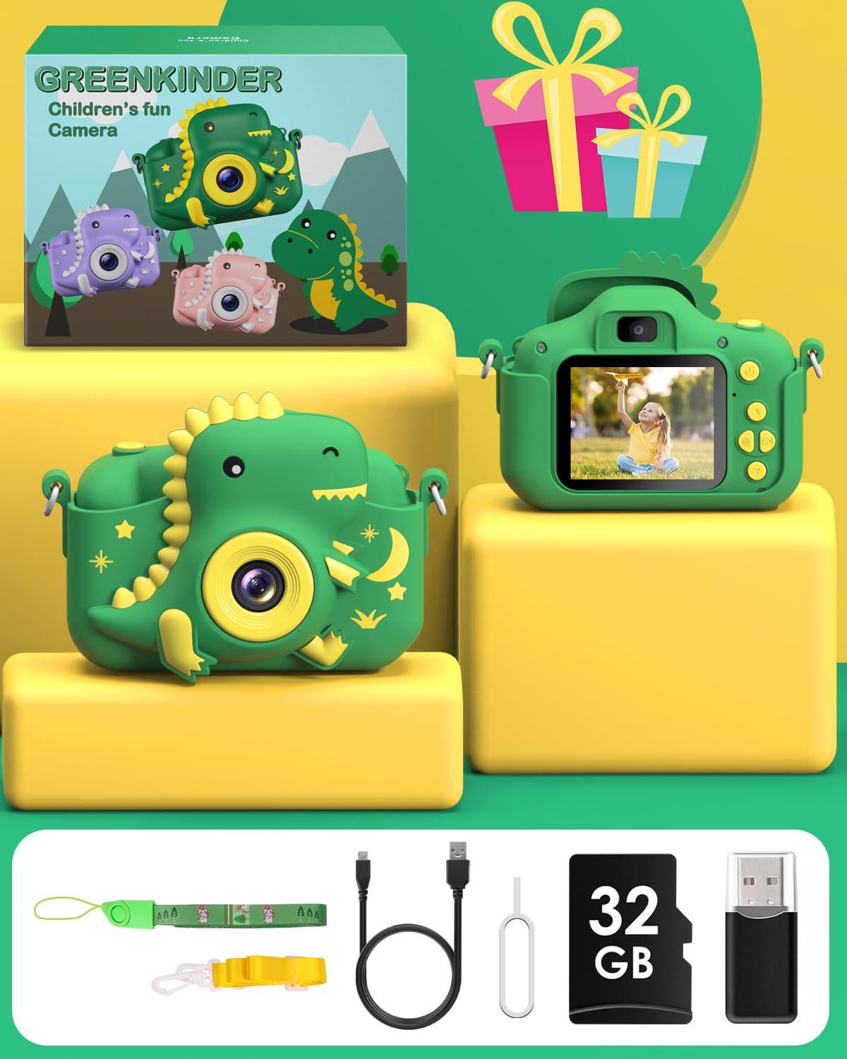 Kids Camera, Dinosaur Toddler Digital Camera for Ages 3-12 Boys Girls Childrens, Christmas Birthday Gifts, Selfie 1080P HD Video Camera for 3 4 5 6 7 8 9 Years Old Boys Girls Toys Gifts