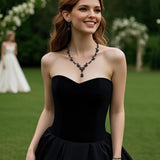 BriLove Wedding Jewelry Set for Women Bride, Y-Necklace Tennis Bracelet Dangle Earrings Set Crystal Teardrop Marquise Cluster Jewelry for Bridal Bridesmaid Black Black-Tone