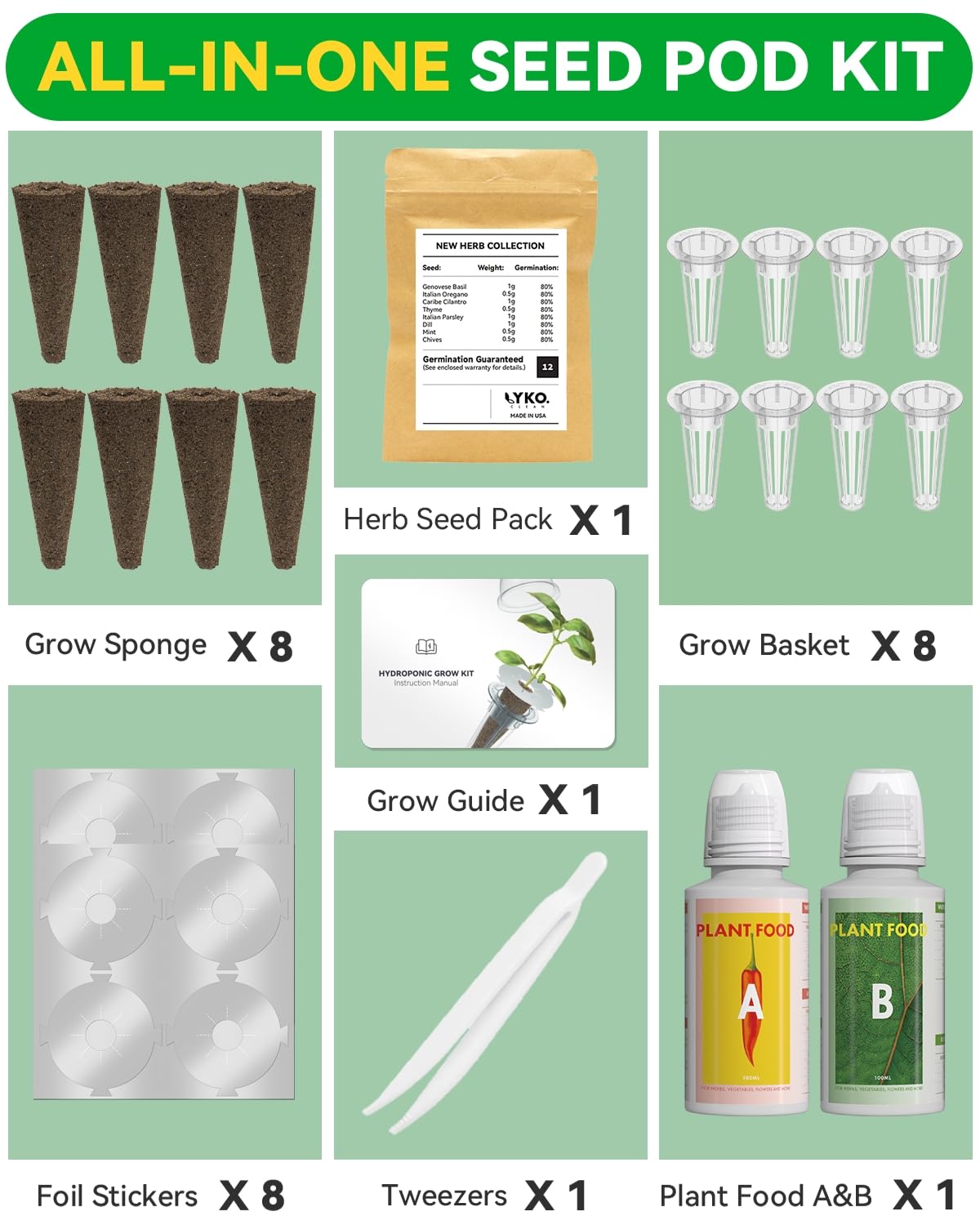 LYKOCLEAN Herb Seed Pod Kit Compatible with AeroGarden Hydroponics Growing System, Complete Indoor Gardening Supply (Herb, 8-pods)