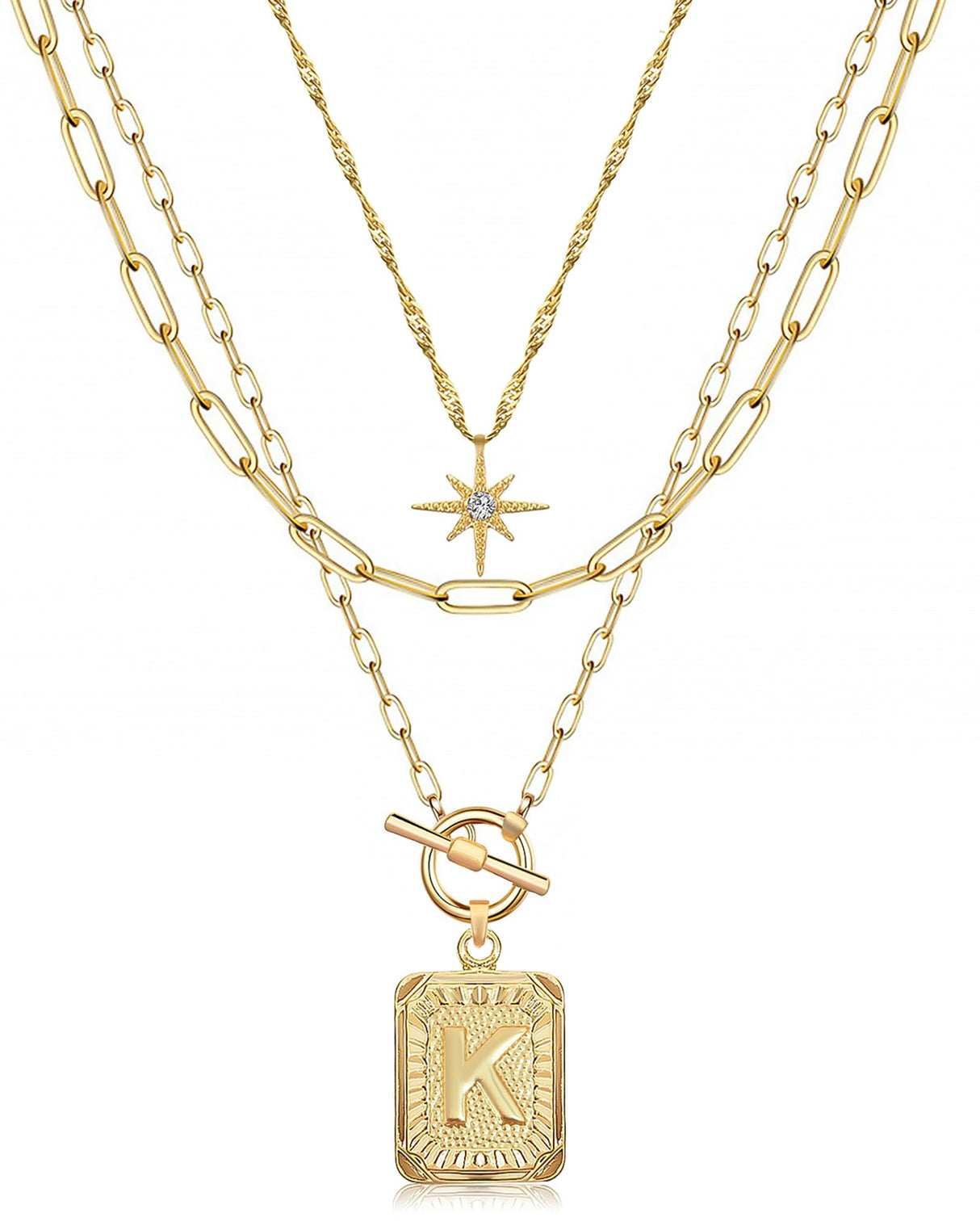 MJartoria Layered Initial Necklaces for Women Trendy, 14K Gold Plated Simple Star Choker Square Letter Pendant Necklace, Paperclip Chain Necklace, Gold Necklaces Jewelry Gifts (Gold, K)