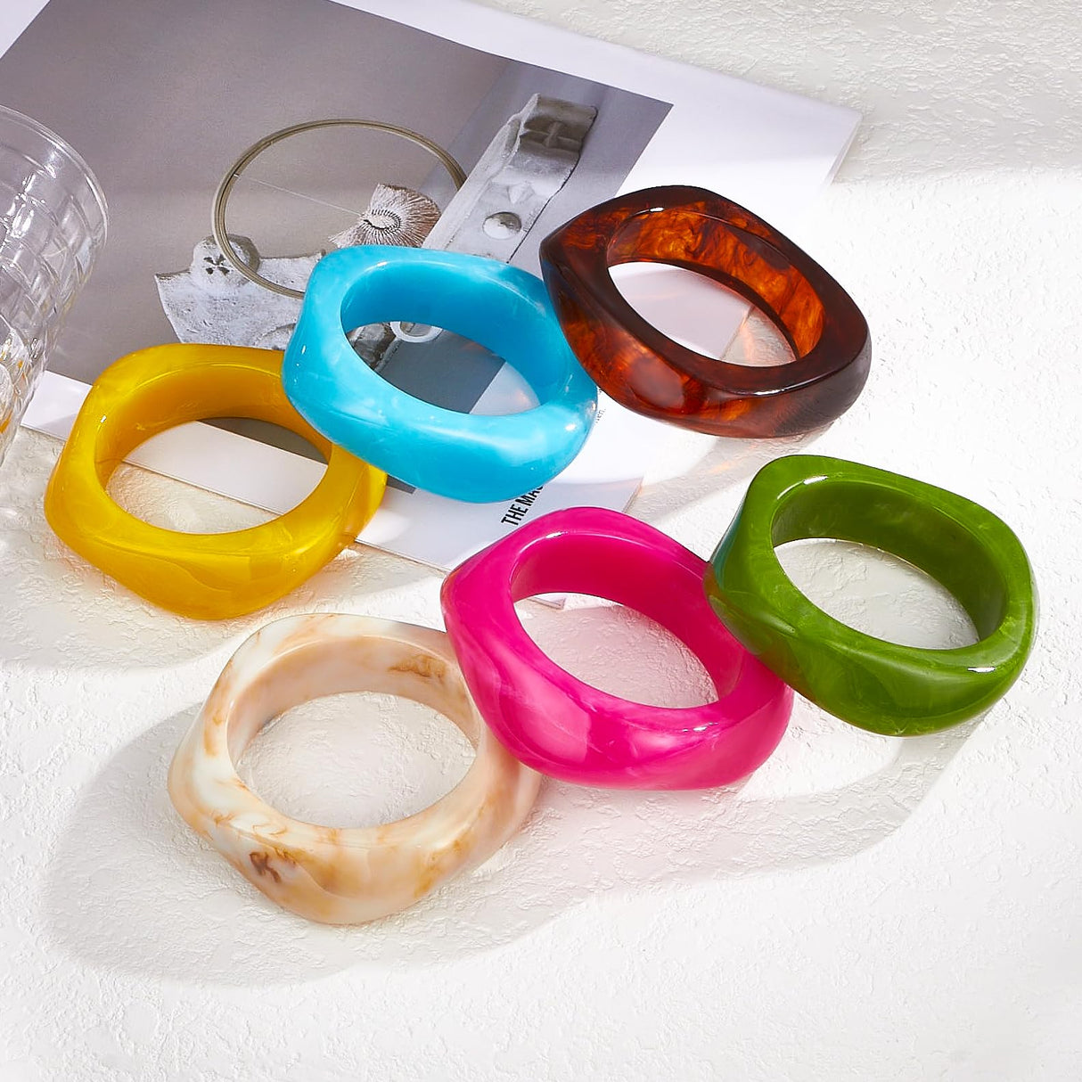 MEDOJO 6 Pcs Colorful Square Acrylic Resin Bangle Bracelet Wide Geometric Irregular Geometric Wristbands Cuff Bangle Bracelet for Women