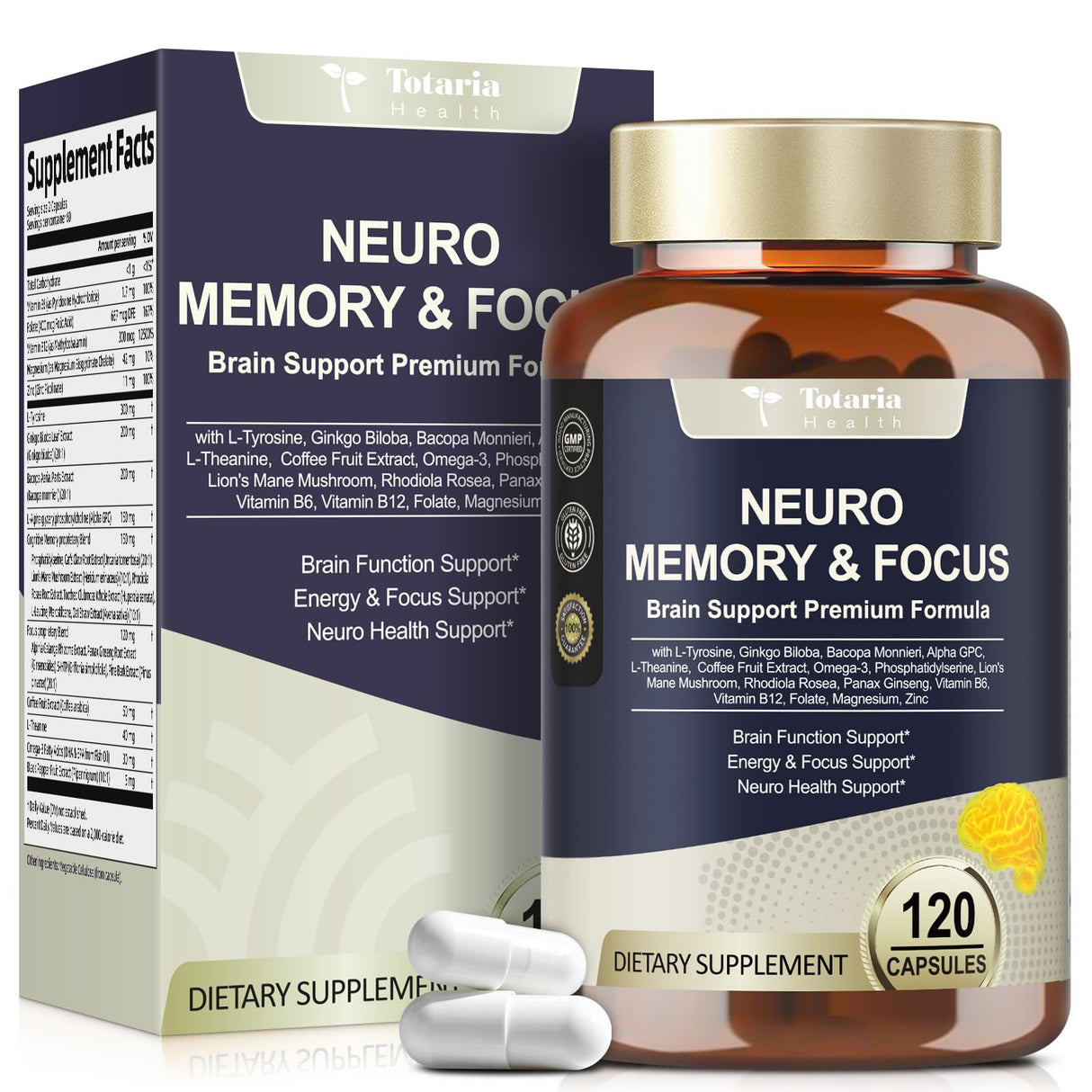 25 in 1 Brain Supplements for Memory and Focus & Neuro Health - Daily Brain Nootropic Cognitive Supplement with L-Tyrosine, Bacopa Monnieri, Ginkgo Biloba, Alpha GPC - Non-GMO, Gluten Free, Vegan