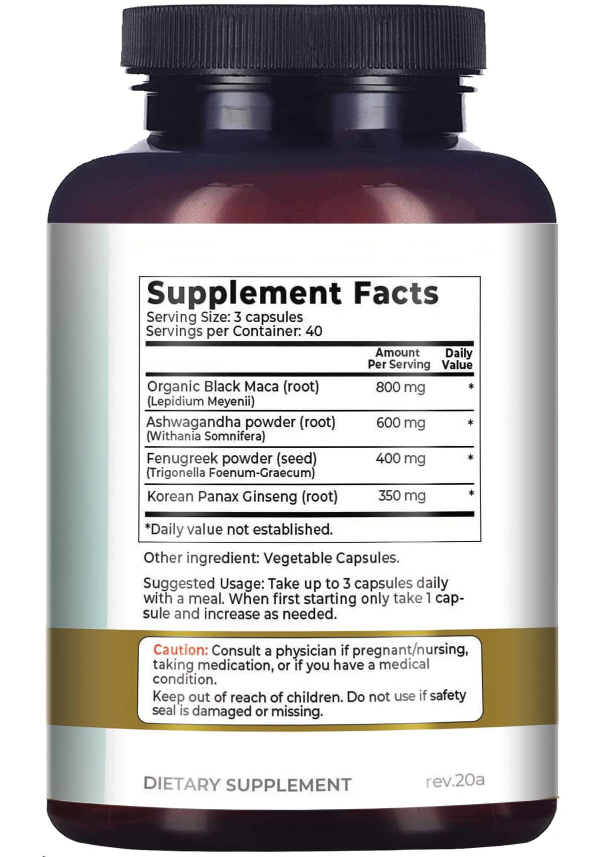 Why Not Natural 4-in-1 Organic Black Maca Root, Ashwagandha, Fenugreek, Panax Ginseng Capsules, Supplement for Men and Women