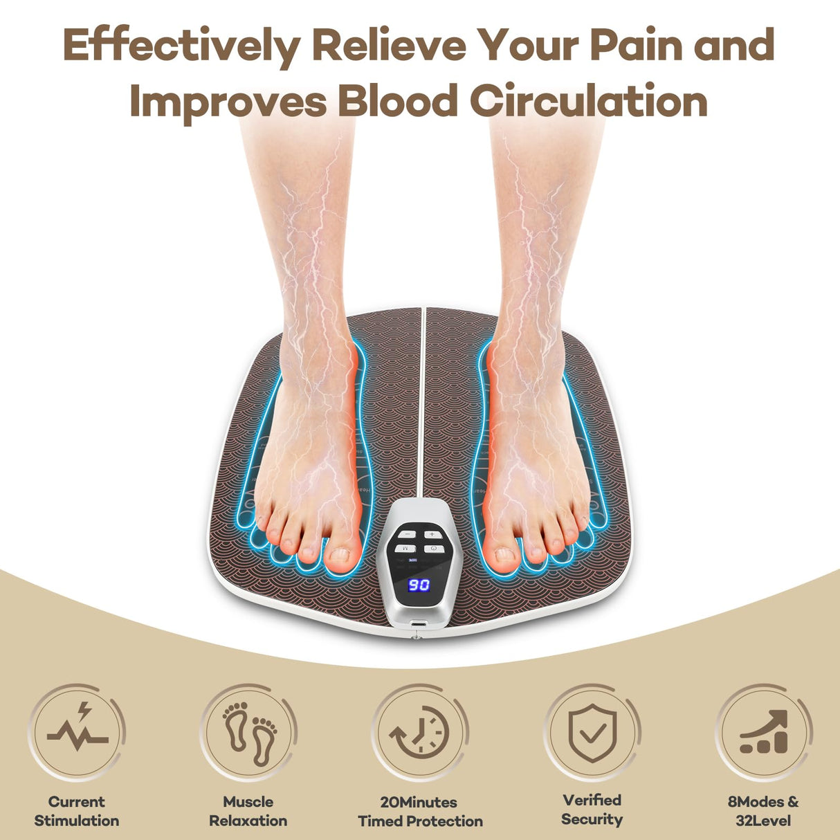 Foot Massager Mat for Neuropathy,EMS Foot Massager for Circulation and Pain Relief, Foldable Feet and Calves Massage Machine with 8 Modes and 32 Intensity Levels for Muscle Relaxation,FSA HSA Eligible