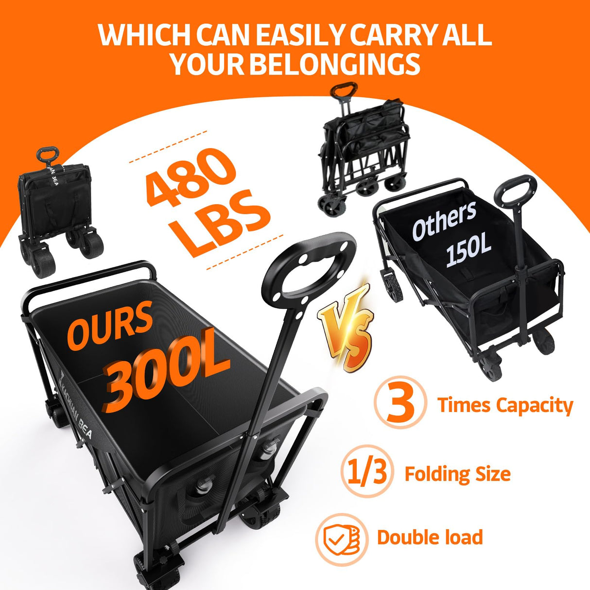 300L Wagons Carts Foldable Collapsible with Big All-Terrain Beach Wheels