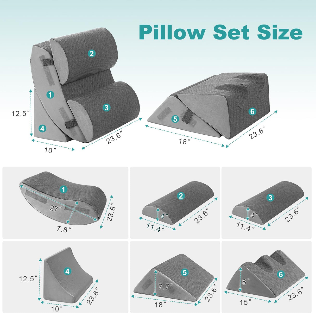 Hansleep 6PCS Orthopedic Bed Wedge Pillow for Sleeping, Adjustable Post Surgery Pillow Set for Body, Back and Leg Pain Relief, Memory Foam Support Pillows for After Surgery, Grey
