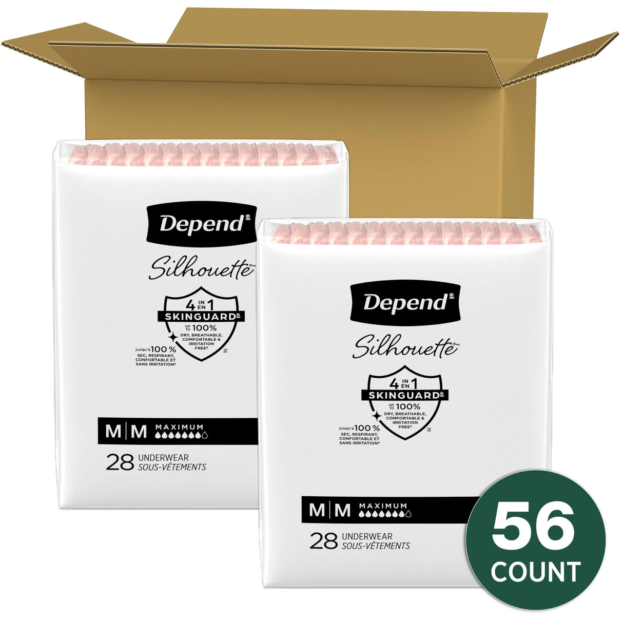 Depend Silhouette Adult Incontinence & Postpartum Bladder Leak Underwear for Women, Maximum Absorbency, Medium, Pink, 56 Count (2 Packs of 28), Packaging May Vary