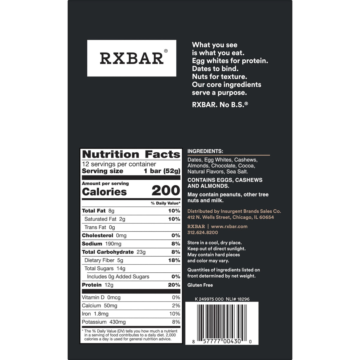 RXBAR Protein Bars, 12g Protein, Gluten Free Snacks, Chocolate Sea Salt, 22oz Box (12 Bars)