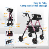 FlyingJoy Rollator Walkers for Seniors, Foldable Rolling Walker with Ergonomic Seat, Armrest, Brake, and Wide Backrest, Adjustable Height, Weight 300 lbs, 8" 4 Wheels Suitable for All Terrains, Pink