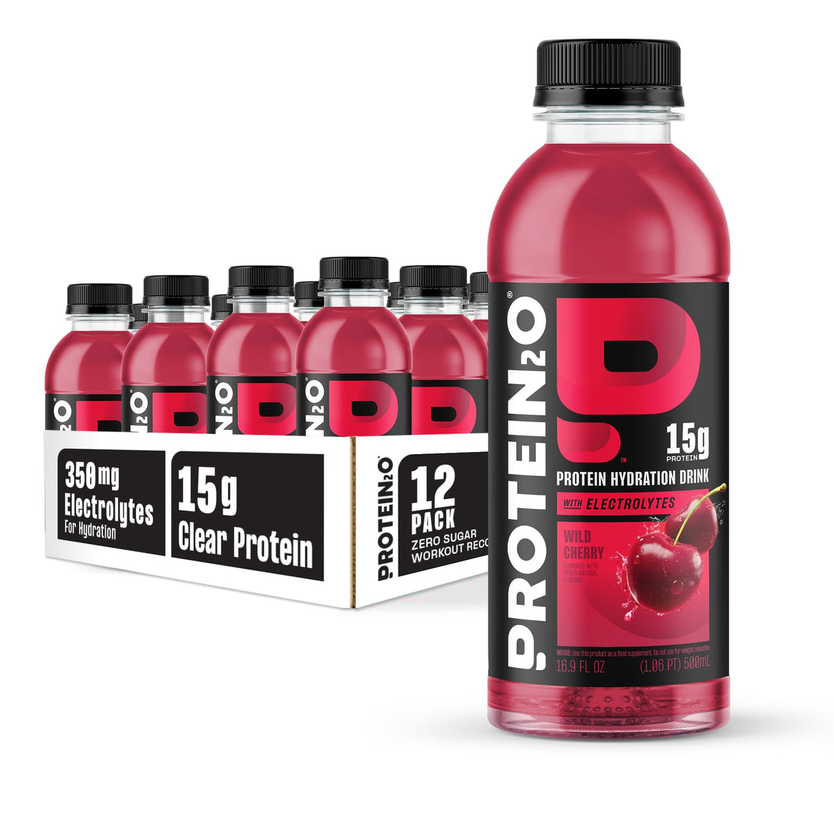 Protein2o Hydration Drink - 2-in-1 Liquid Clear Whey Protein Isolate and Electrolyte Drink - 15g Protein, Vitamins B5, B6 - Post-Workout Recovery - 16.9 Fl Oz - 12 Count Wild Cherry