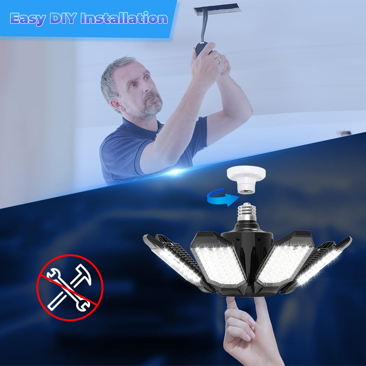 POLARPRA Garage Lights - Super Bright 250W LED Garage Ceiling Light w/ 8 Deformable Panels 6500K Led Light Bulb Srew in E26/E27 Socket with Adjustable Center Spotlight for Barn Workshop Attic - 4Pack