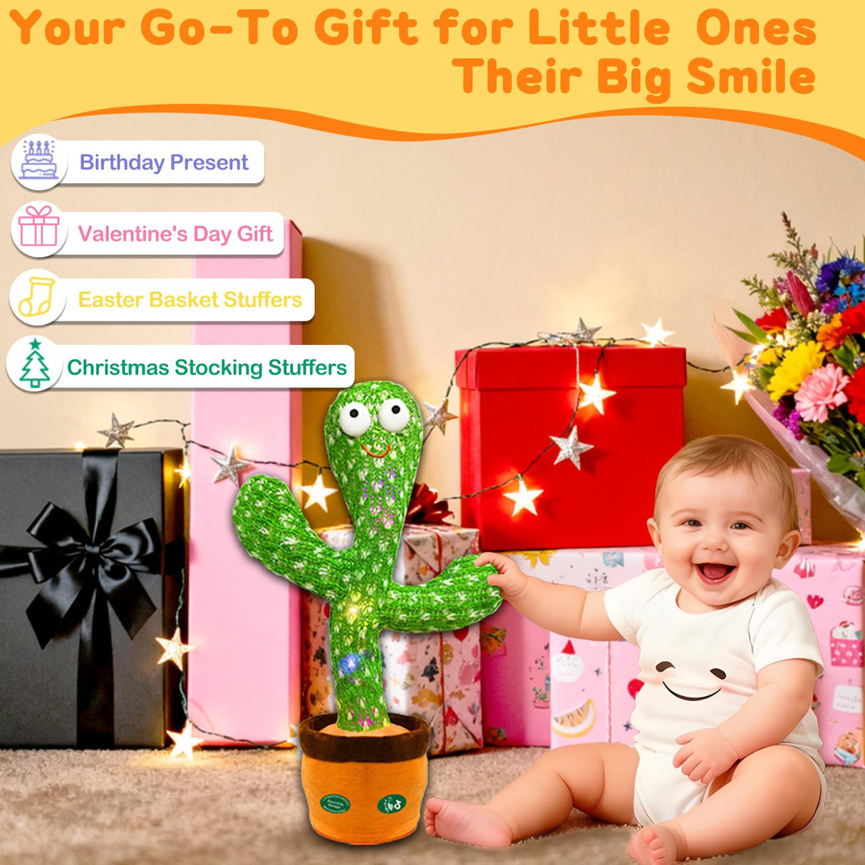 Hunfur Christmas Dancing Talking Cactus Toy Mimics Back, Cactus Baby Toy Singing Mimicking Repeating Recording, Silly Sunny The Cactus with 3xAA Battery
