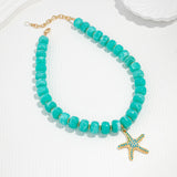WOWORAMA Boho Chunky Beaded Necklaces for Women Ocean Blue Resin Beads Necklace with Gold Starfish Pendant Necklace Coastal Summer Statement Necklaces Jewelry