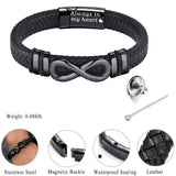 YOUFENG Urn Bracelet for Human Ashes Leather Cremation Black Infinity Bracelet Stainless Steel Keepsake Cuff Bangle Jewelry for Men