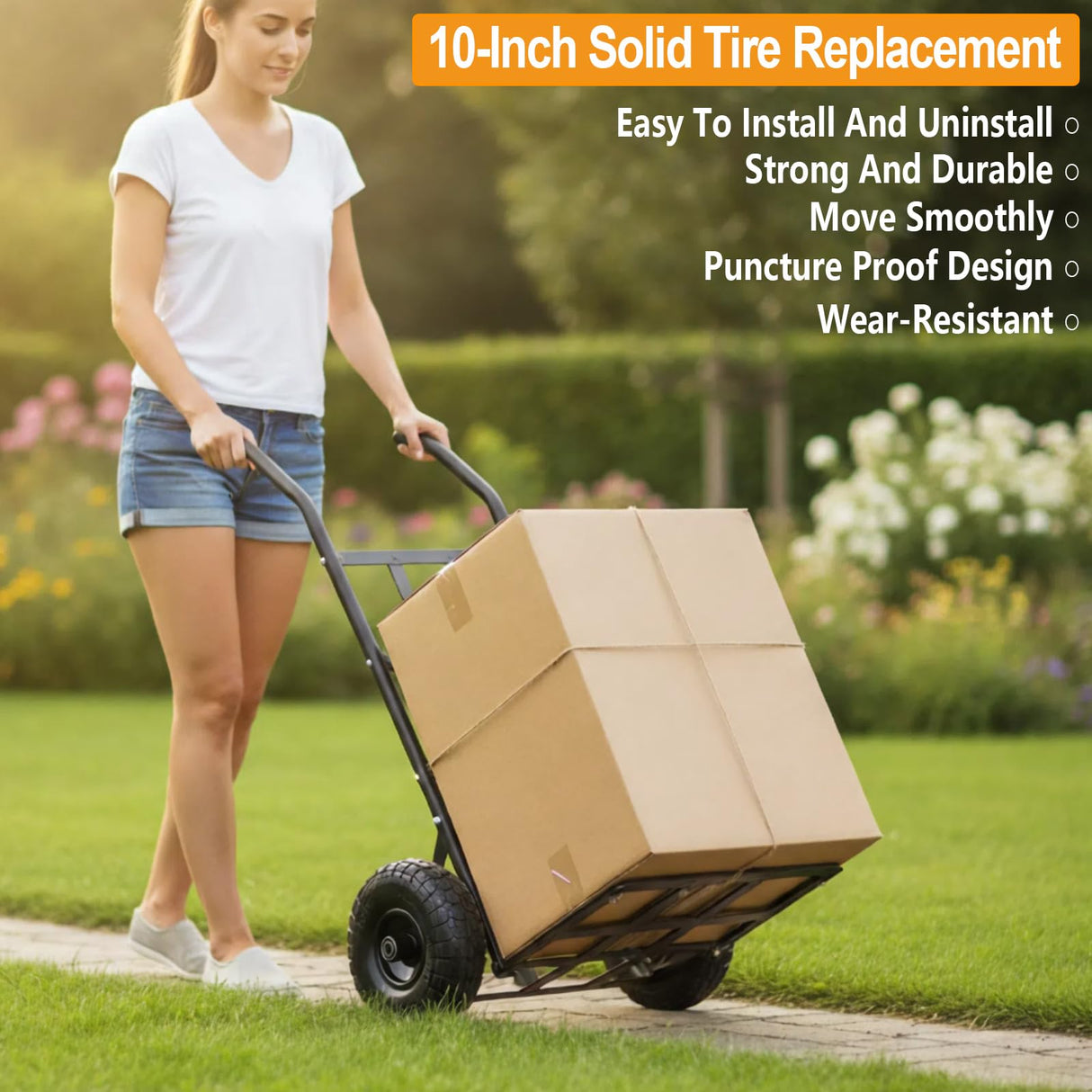Meophk 4.10/3.50-4 Flat Free Tire and Wheel, 10 Inch Replacement Wheels for Gorilla Cart, Hand Truck, Dolly & Utility Cart, Solid Tire with 5/8" Axle Bore Hole and Double Sealed Bearings, 2 Pack