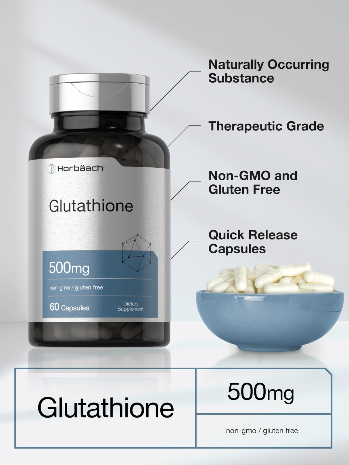 Horbäach Glutathione 500mg Reduced Supplement | 60 Capsules | Non-GMO & Gluten Free