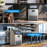 Commercial Ice Machine 200Lbs/24H, Commercial Ice Maker with 50 LBS Storage Bin, Ice Cubes Ready in 5-15 min, Freestanding or Under Counter Ice Maker Machine, Thicknesses Adjustable, Stainless Steel