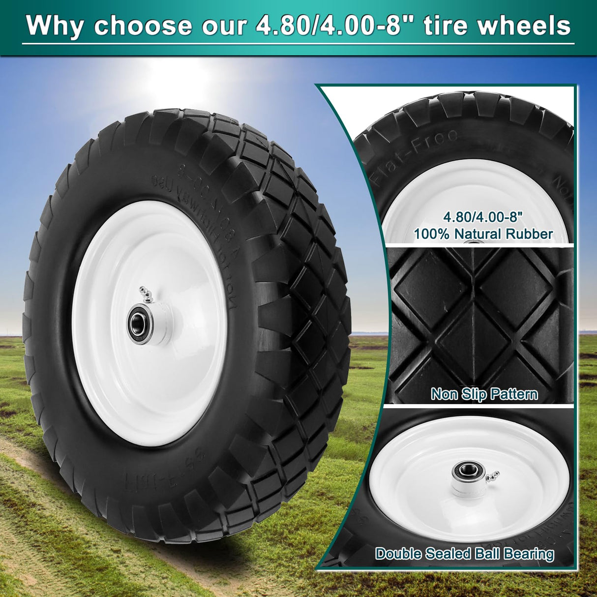4.80/4.00-8 Flat Free Tire and Wheel- 16" Flat-Free Solid Wheelbarrow Tires with 5/8" & 3/4" Bearings, 3"-7" Centered Hub by Cenipar Universal Fit for Wheelbarrow,Hand Truck,Garden Trailer,Trolley