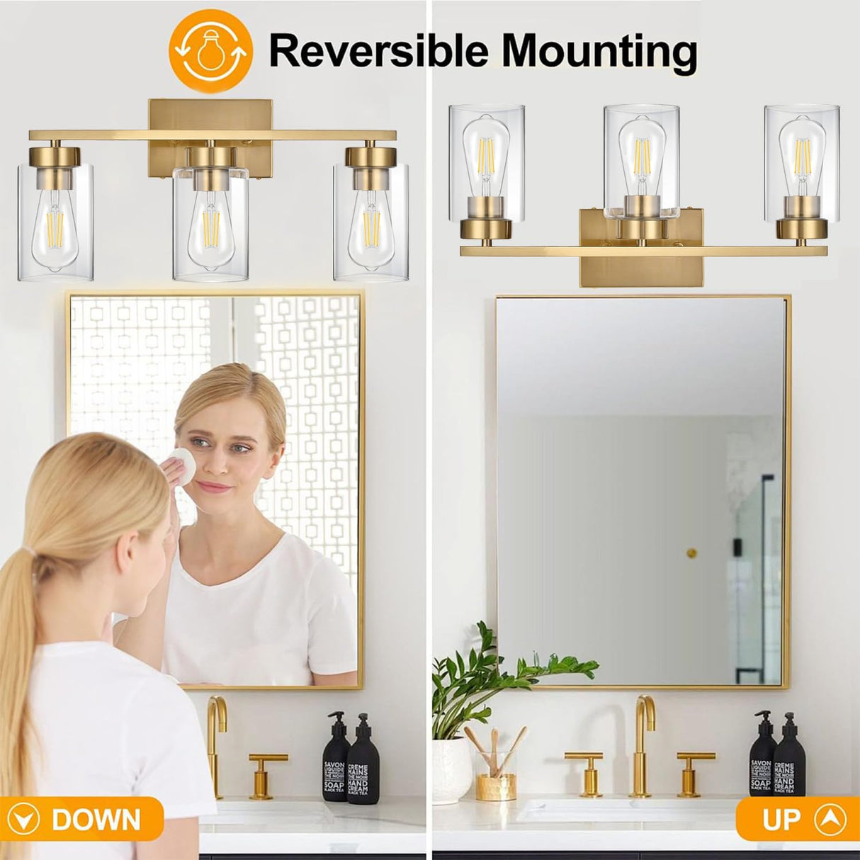 A1A9 3-Light Bathroom Vanity Light, Modern Brushed Gold Wall Lights with Clear Glass Shades, Bathroom Wall Sconce Lamp for Mirror Living Room Bedroom Hallway