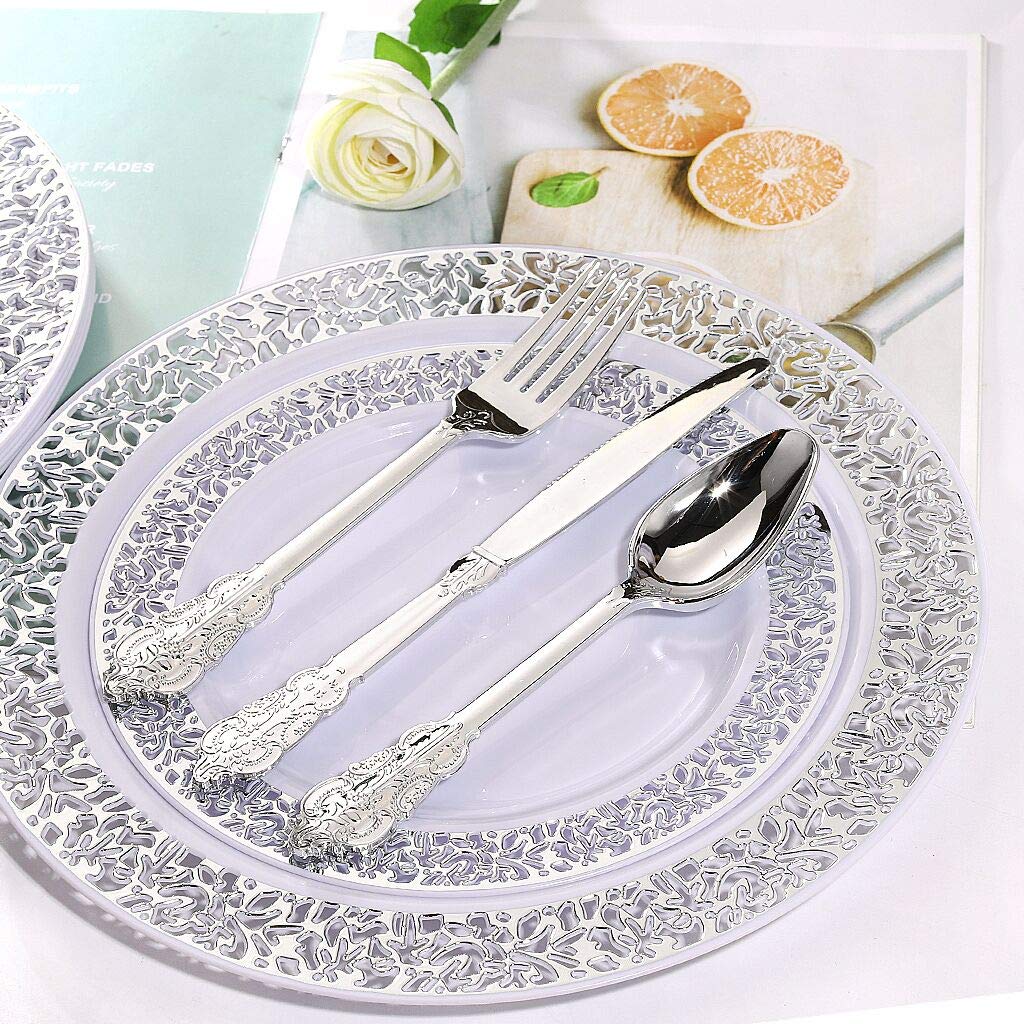 WDF 360 Pieces Silver Plastic Silverware- Disposable Flatware - Heavyweight Plastic Cutlery- Includes 120 Forks, 120 Spoons, 120 Knives for Christmas