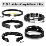 LOWNOUR Black Leather Bracelets for Men Women 5pcs Mens Bracelet Leather and Steel Braided Cuff Bracelets (A- 7.5inch)