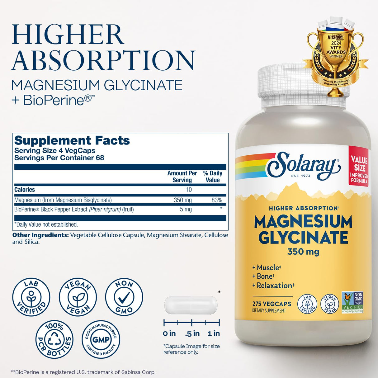 Solaray Magnesium Glycinate, New & Improved Fully Chelated Bisglycinate with BioPerine, High Absorption Formula, Stress, Bones, Muscle & Relaxation Support, 60 Day Guarantee, 68 Servings, 275 VegCaps