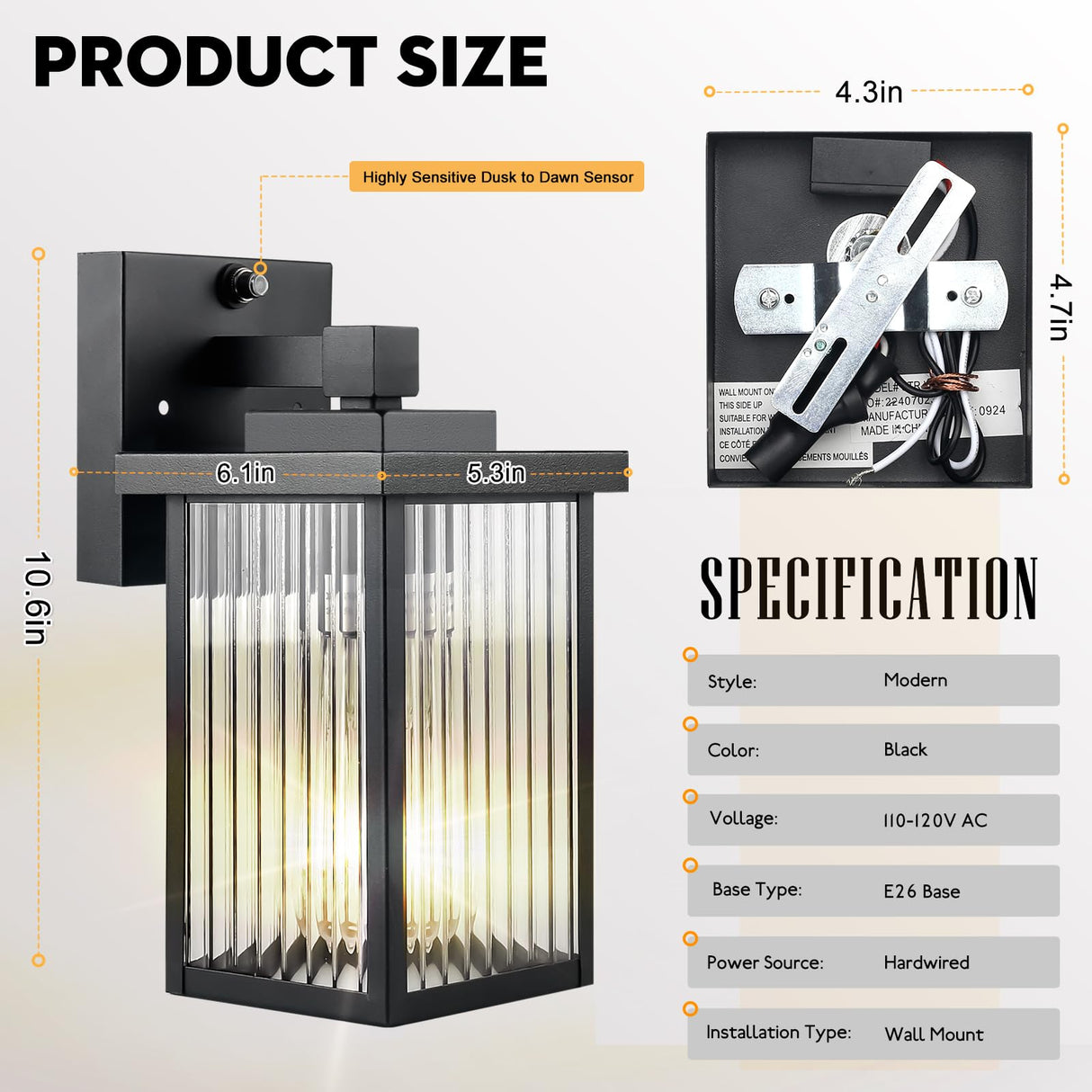 hameso Dusk to Dawn Outdoor Lighting, Waterproof Outdoor Porch Light with Tempered Glass, Outdoor Light Fixture for House Exterior Front Door Garage Patio