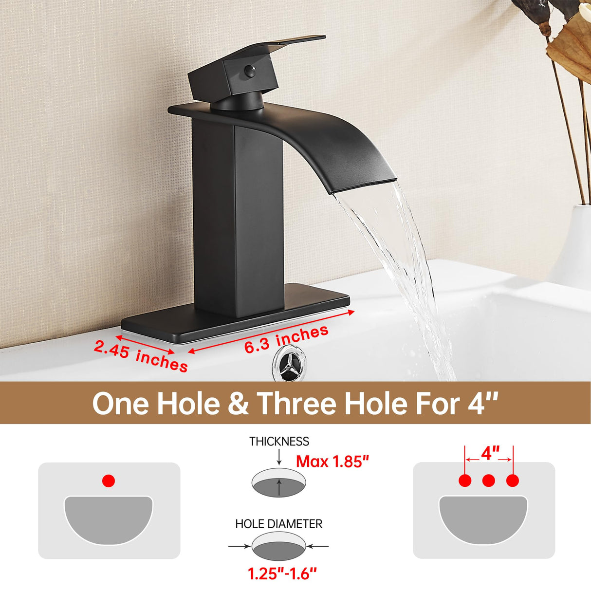 Fransiton Black Waterfall Bathroom Faucet Lavatory Single Handle 1 or 3 Hole Bathroom Sink Faucet Washbasin Faucet with Deck and Pop-up Drain