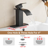 Fransiton Black Waterfall Bathroom Faucet Lavatory Single Handle 1 or 3 Hole Bathroom Sink Faucet Washbasin Faucet with Deck and Pop-up Drain
