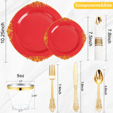 Nervure 350PCS Red Plastic Plates - Red Gold Plastic Dinnerware Sets for 50 Guests - 100 Gold Disposable Plates, 50 Pre Rolled Silverware Sets, 50 Cups Perfect for Wedding & Party & Christmas
