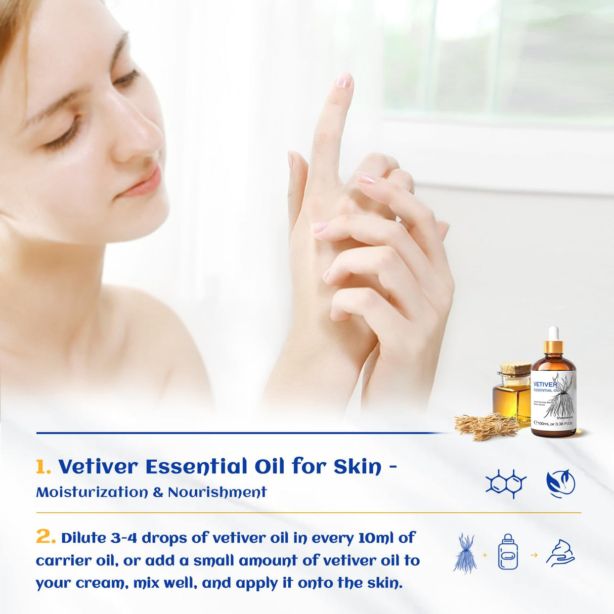 HIQILI 100ML Vetiver Essential Oil, 100% Pure Natural for Diffuser Calm and Relation- 3.38 Fl Oz