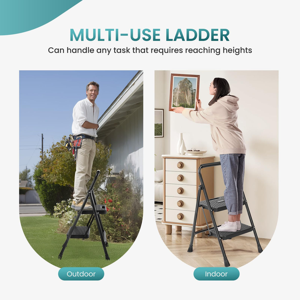 Smug Step Ladder, 2 Foldable Step Stool with Anti-Slip Pedal & Handrail