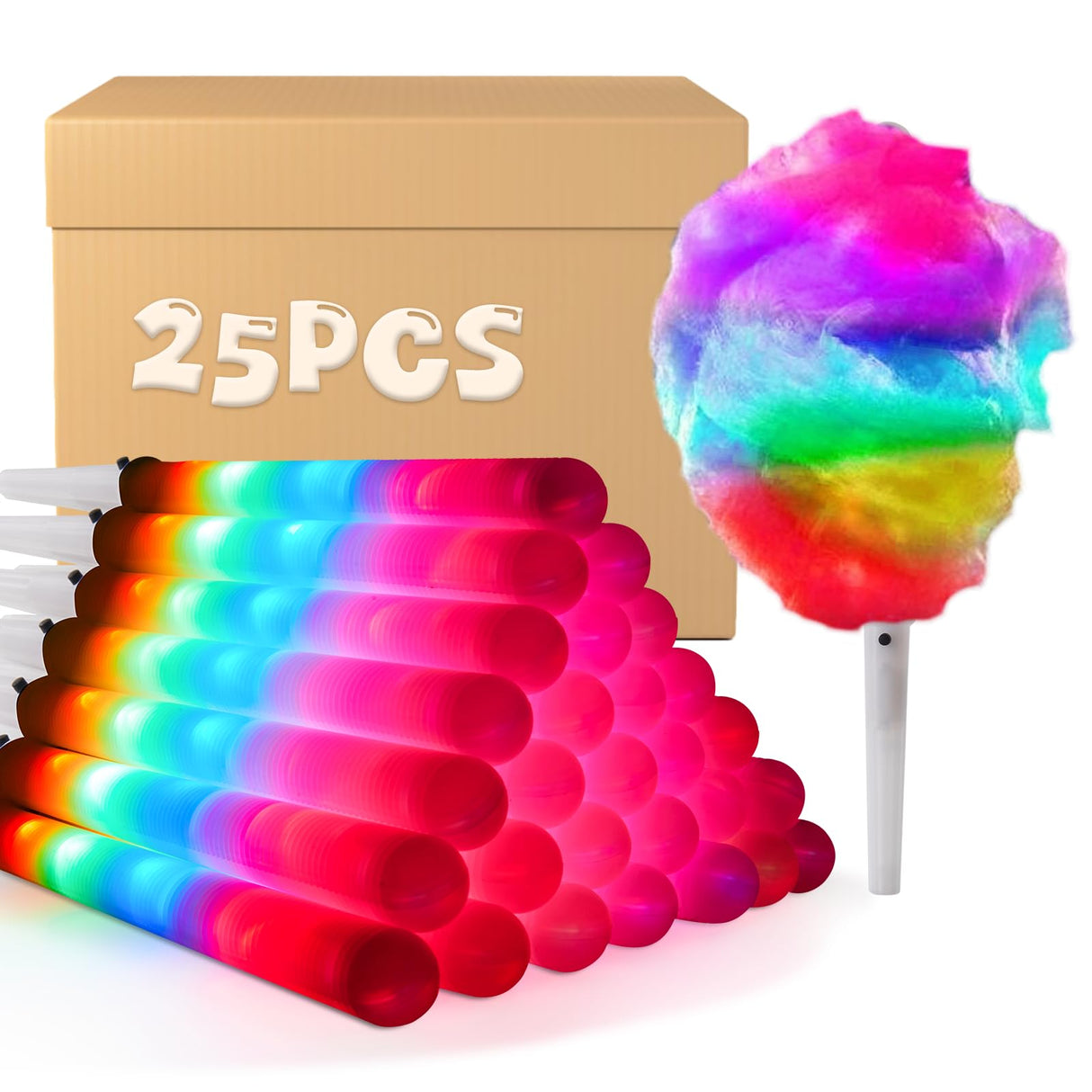 25 Pcs LED Cotton Candy Cones - Glowing Cotton Candy Sticks for Parties - Reusable & Waterproof Cotton Candy Holders - Vibrant Colors for Christmas, Birthdays & Events