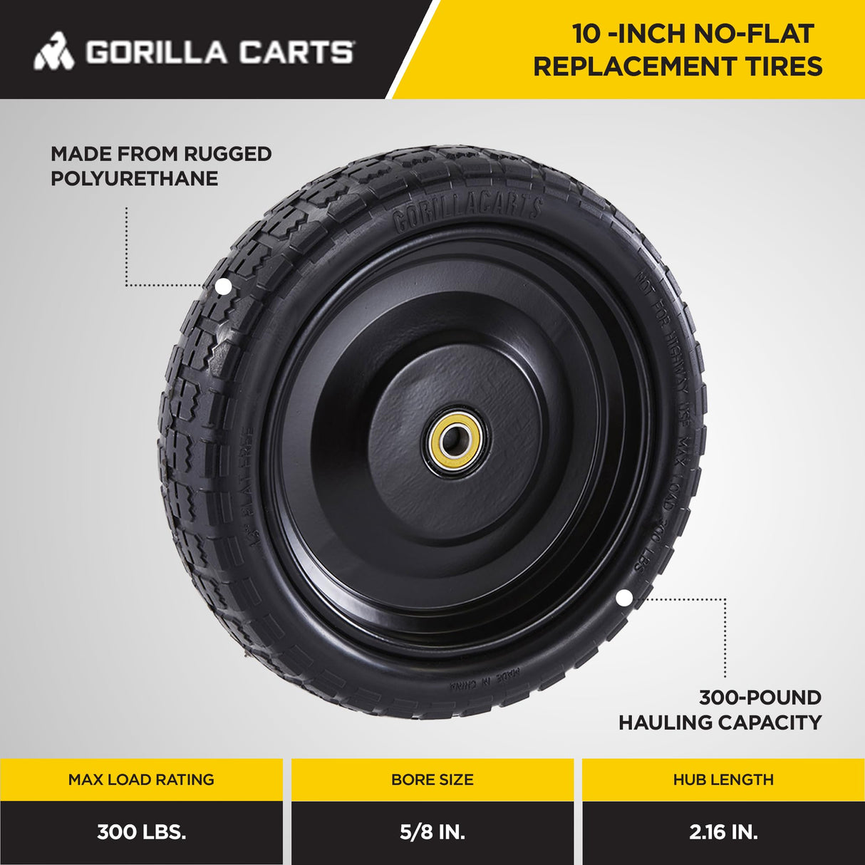 Gorilla Carts 4- Pack 10 Inch No-Flat Replacement Wheels, Heavy Duty Solid Tire - Airless Polyurethane Tires w/ 2.16” Hub, 5/8” Bore for Lawn & Garden Utility Cart and Hand Truck