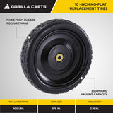 Gorilla Carts 4- Pack 10 Inch No-Flat Replacement Wheels, Heavy Duty Solid Tire - Airless Polyurethane Tires w/ 2.16” Hub, 5/8” Bore for Lawn & Garden Utility Cart and Hand Truck