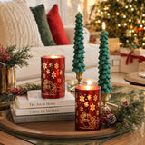 Lezonic Christmas Flameless Candles with Remote, Green Christmas Tree Flickering Battery Operated Window Candlesticks, Red Glass Xmas New Year Decorations Gifts, Set of 4 Real Wax LED Candles