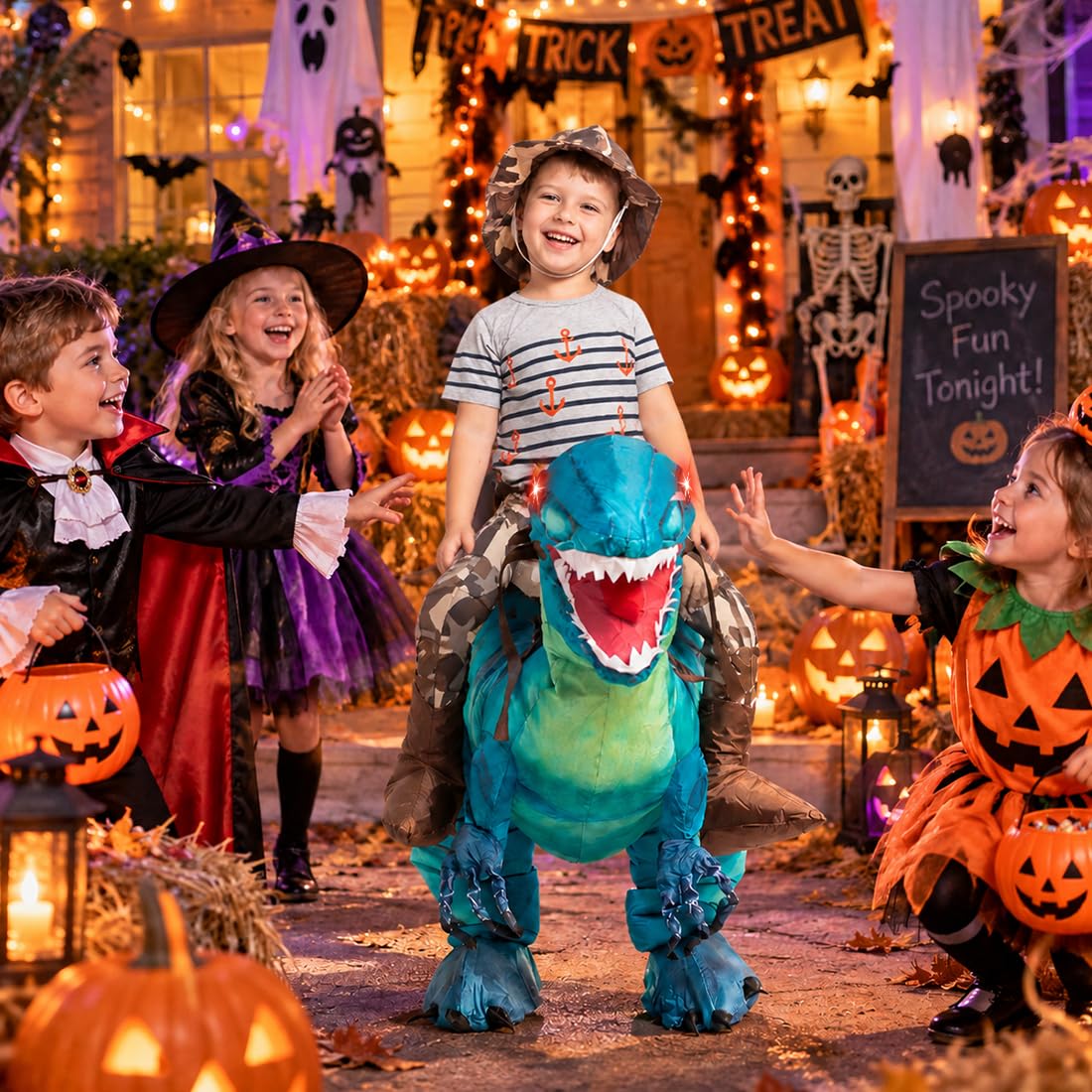 GOOSH Inflatable Dinosaur Costume for Kids Riding T Rex Funny Blow Up Boys Girls Costume for Halloween Fancy Dress Party Cosplay