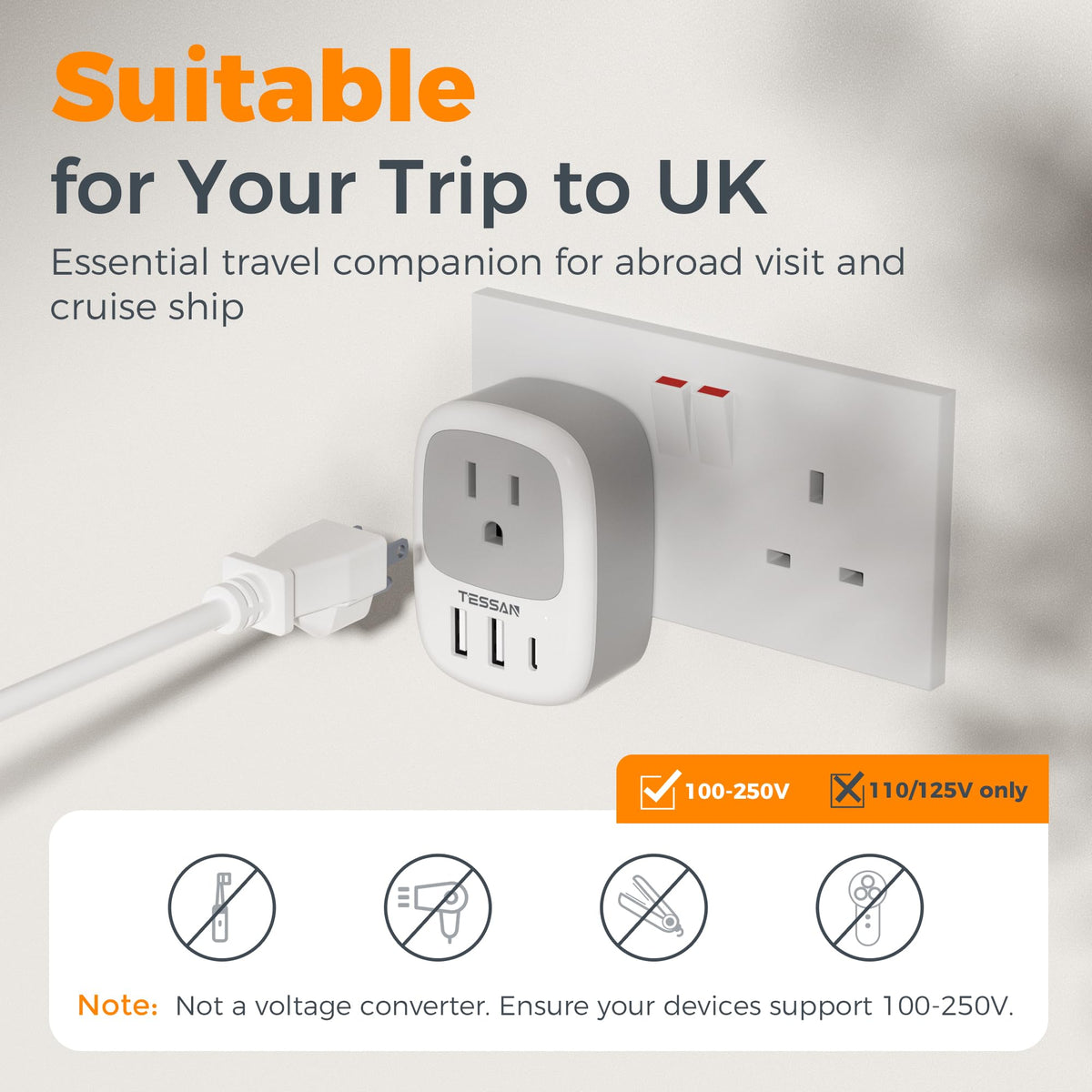 2 Pack UK Adapters for Travel, TESSAN Ireland Plug Adapter with 3 USB ...