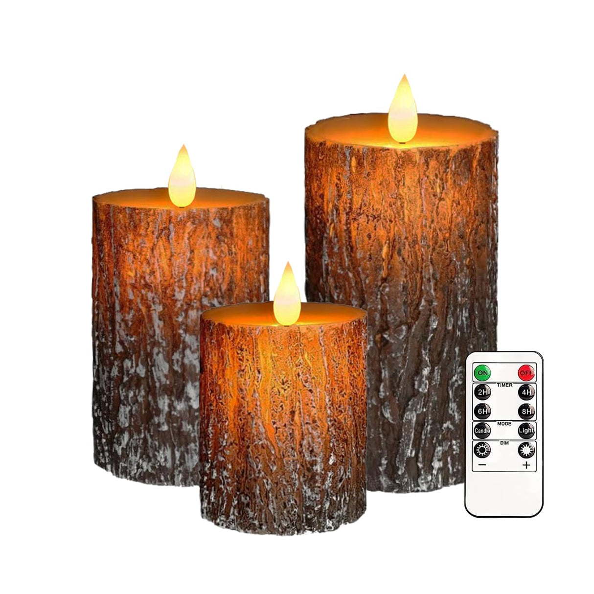 VEEKI Flameless Candles Lights, Set of 3 Battery Operated Flickering Flameless Candles with Remote & Timer, Dimmable LED Pillar Candles, Pine Bark Electric LED Candles for Christmas Winter Home Decor