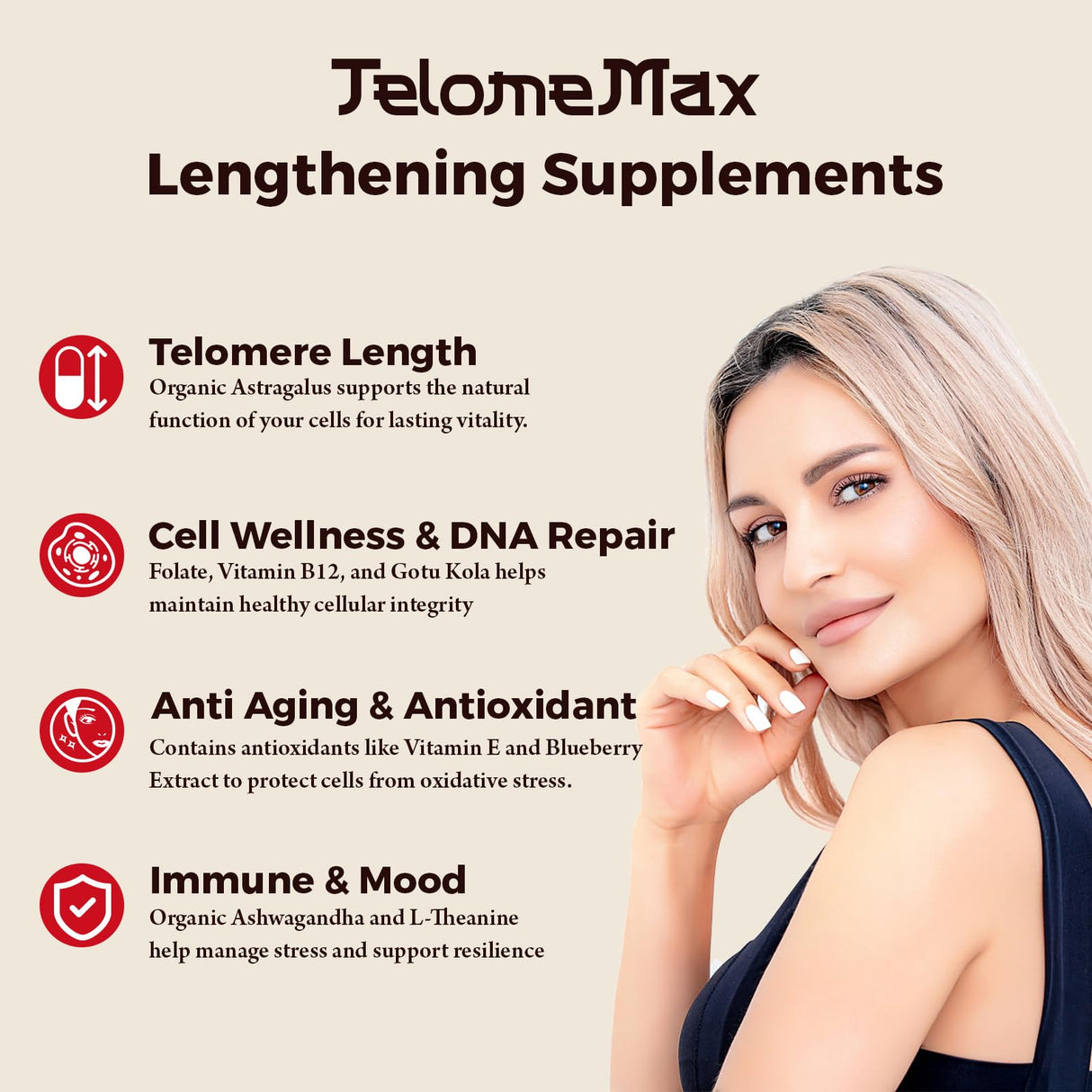 Telomere Lengthening Supplements – Organic Astragalus, Gotu Kola, Vitamin D3, Folate, L-Theanine – Anti-Aging, DNA Repair, Immune & Cellular – 60 Vegan Capsules, Made in Japan (1 Bottle)