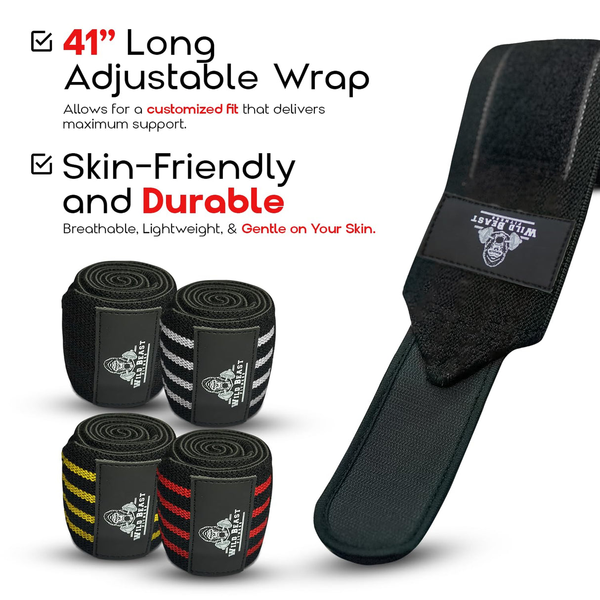 WildBeast Elbow Wraps for Weightlifting (Pair), Flexible 41" Elbow Compression Strap, Joint Support Brace for Bench Press, Powerlifting, Fitness & Gym Workout, Golfer's Elbow, Gym Accessories for Men