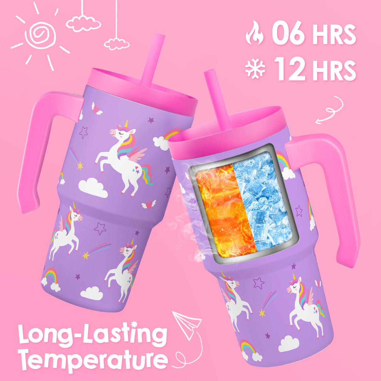Unicorn Tumbler 20oz with Handle and Silicone Straw Lid for Kid, Insulated Stainless Steel Cup, Gift for Kids Girls, Gifts Idea for Birthday Christmas Back to School