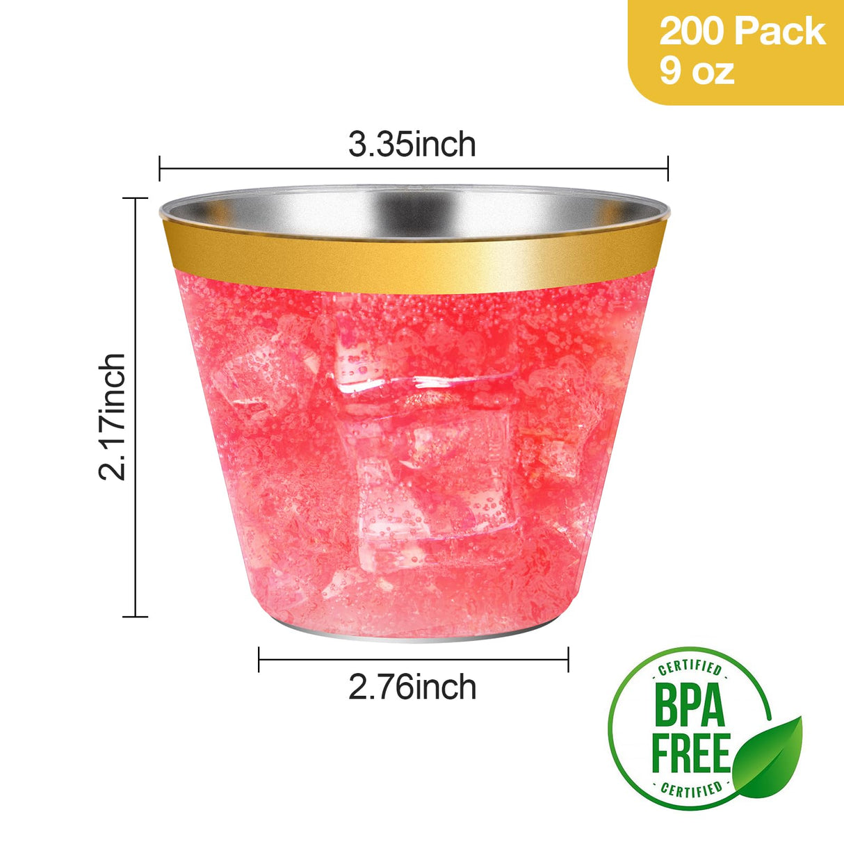 Goodluck 200PCS 9oz Gold Plastic Cups for Party, Disposable Gold Rim Cups, Plastic Cocktail Glasses for Wedding Thanksgiving, Christmas, and Parties