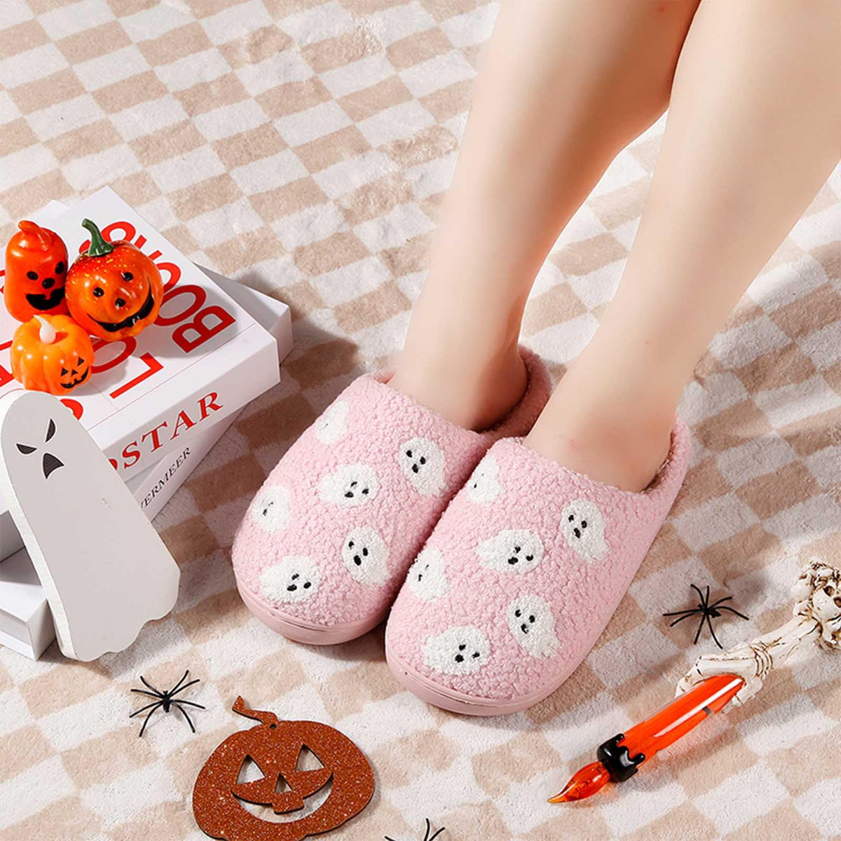 HIPINISS Halloween Slippers Skull for Women Men GhostFace Plush Warm Slippers Indoor Outdoor Memory Foam House Home Winter Shoes,Pink Skull 41-42