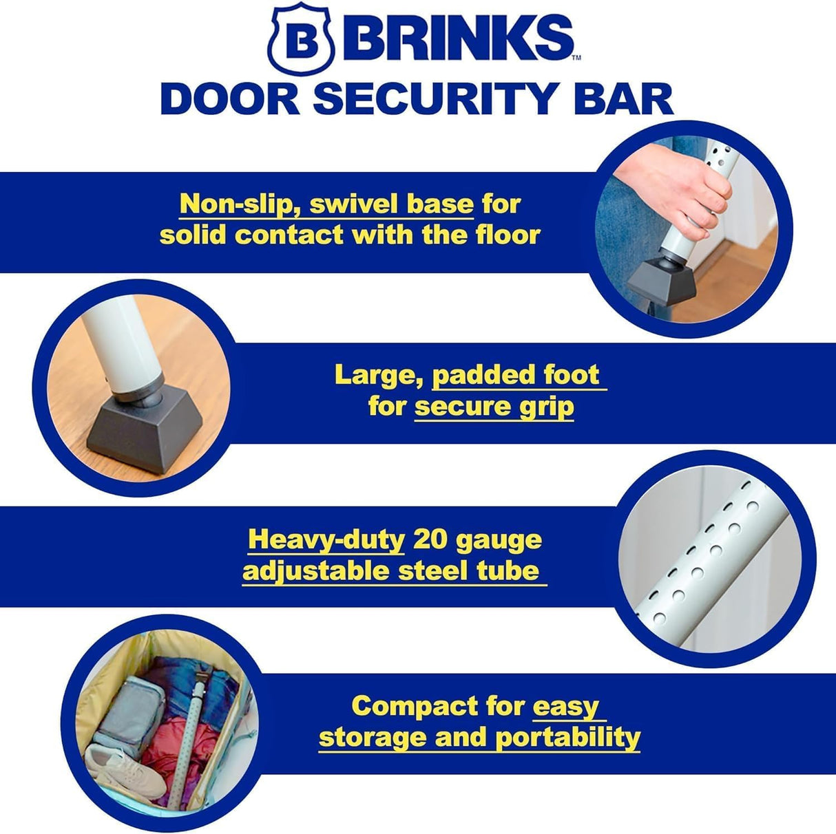 BRINKS Door Security Bar - Adjustable Brinks Door Security Bar for Travel, School, Dorm and Home - Door Jammer for Hinged Doors and Sliding Door Security – Black