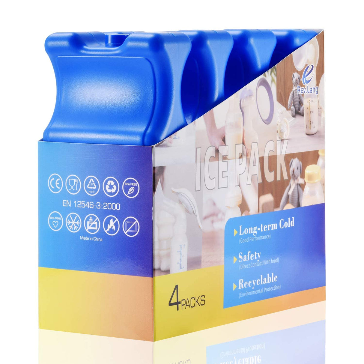 Cold Freezer Cool Ice Packs Double Sided Contoured Reusable Long Lasting for Breast Milk Baby Bottles Cool Storage Insulated Bags, Lunch Box Soda Beer Can Coolers(600g,Set of 4)