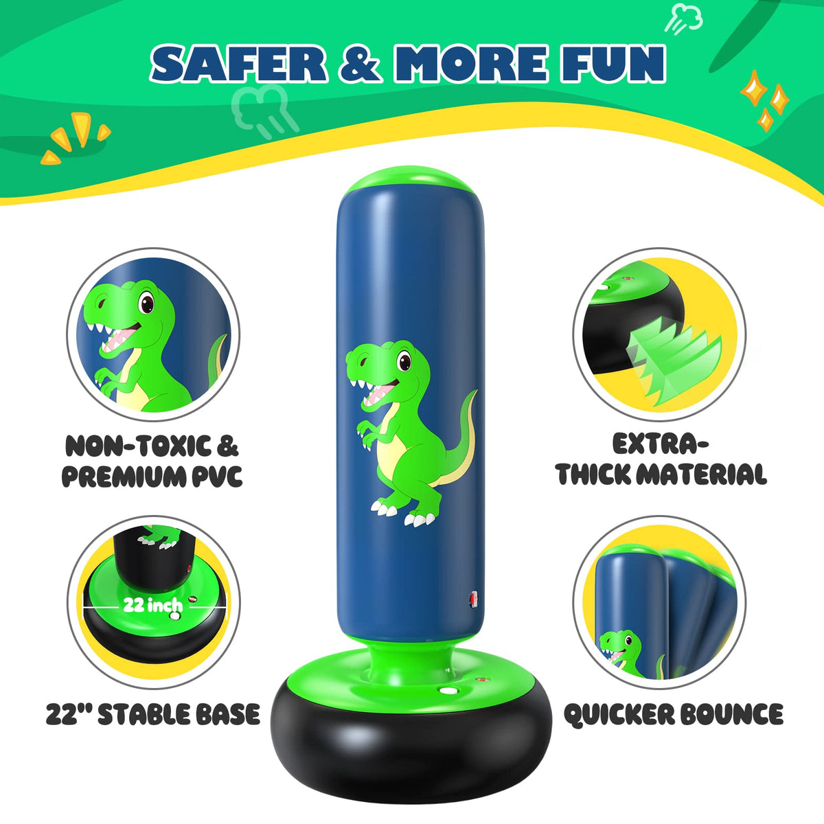 QPAU Punching Bag for Kids 3-6, Inflatable Dinosaur Toy, 48 in, Green